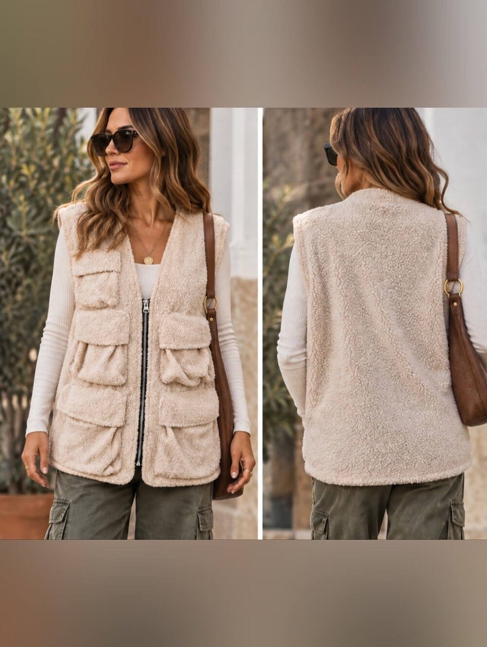 JUNY Utility Sherpa Vest S Cream Gorpcore Streetwear Moto Cozy Minimalist
